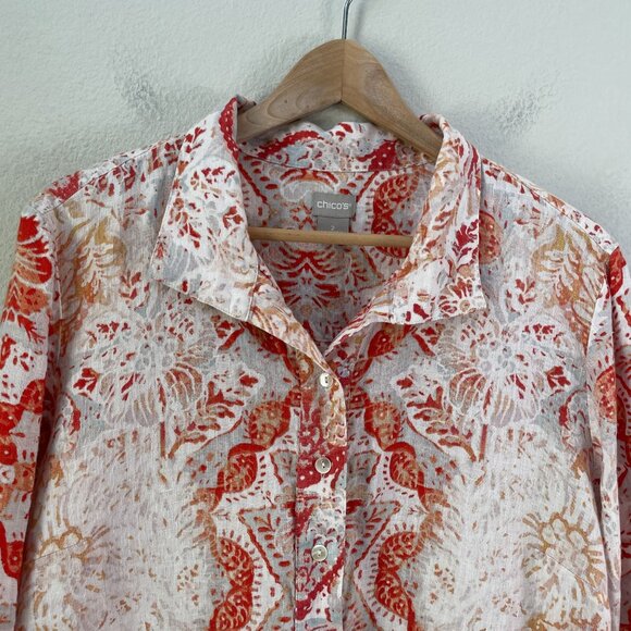 Chicos Womens Large Medallion Print Tunic Top 100% Linen 3/4 Sleeve Shirt Blouse - Picture 10 of 13